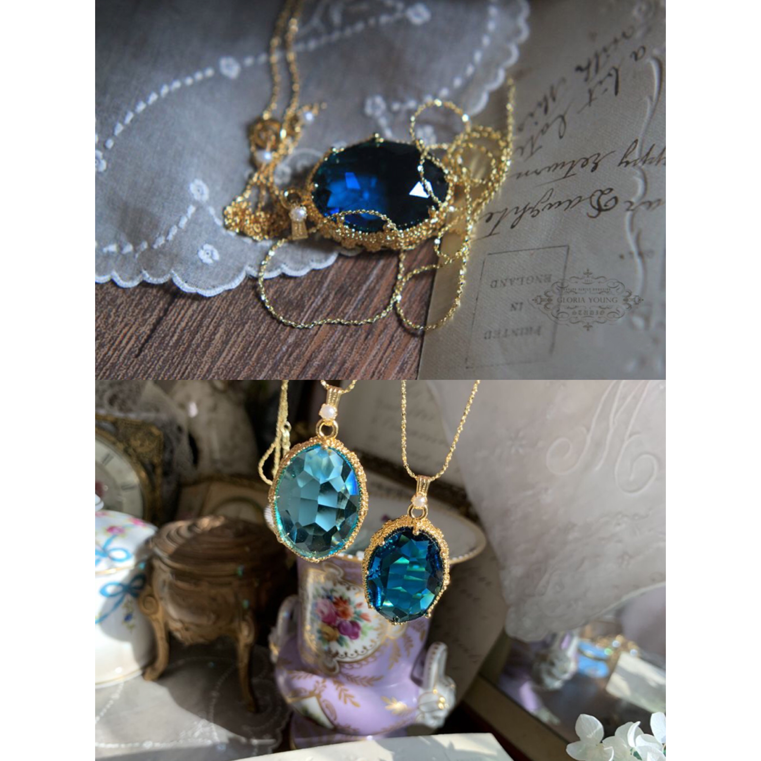 ピーコックブルー オーストリアクリスタル ヴィンテージ キラキラ ストーンネックレス