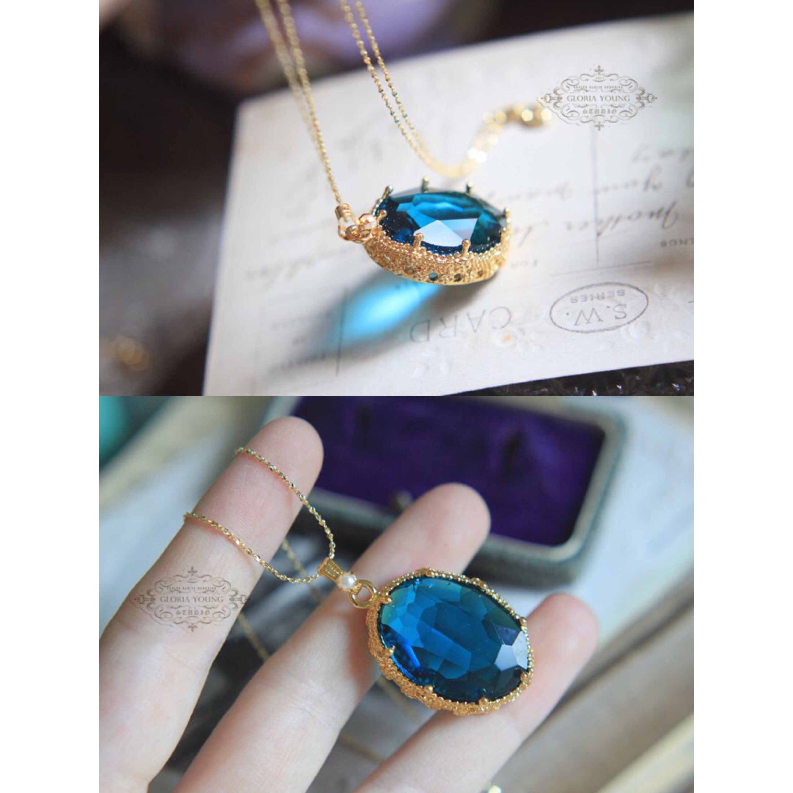 ピーコックブルー オーストリアクリスタル ヴィンテージ キラキラ ストーンネックレス