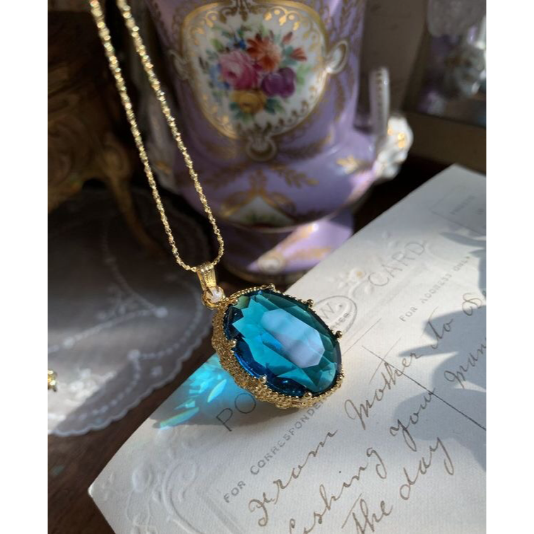 ピーコックブルー オーストリアクリスタル ヴィンテージ キラキラ ストーンネックレス