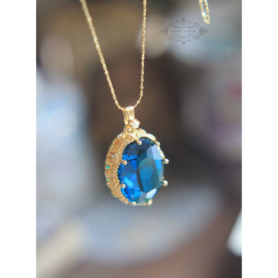 ピーコックブルー オーストリアクリスタル ヴィンテージ キラキラ ストーンネックレス