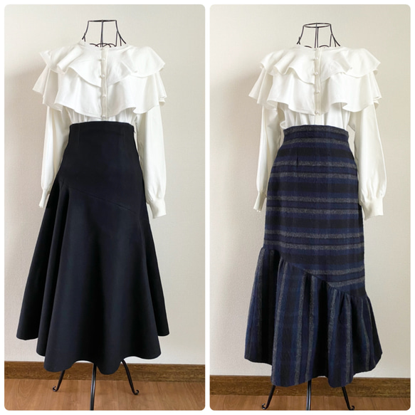 【受注製作】デザインが選べる♪ ハイウエスト 切り替えスカート 厚手ウール Black SS〜L 2枚目の画像