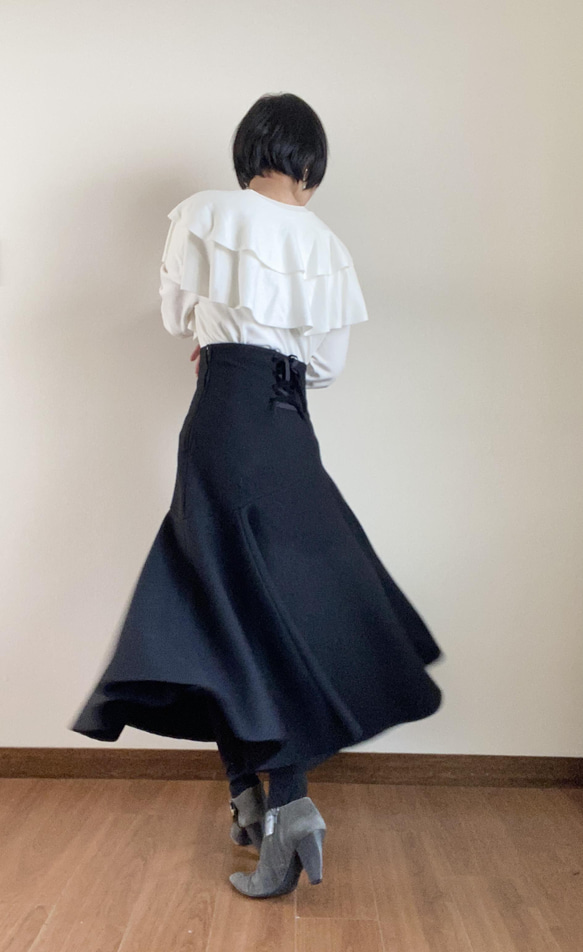 【受注製作】デザインが選べる♪ ハイウエスト 切り替えスカート 厚手ウール Black SS〜L 8枚目の画像
