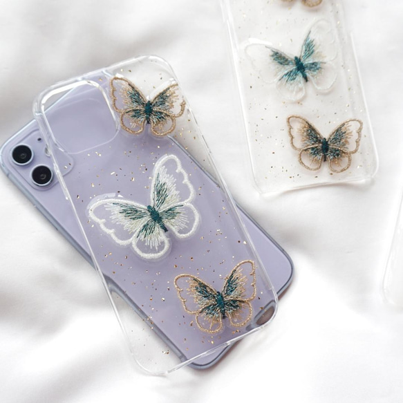 刺繍バタフライ　押し花スマホケース　全機種対応　刺繍　蝶　12mini X SE2 8 12 11 13 13pro 2枚目の画像