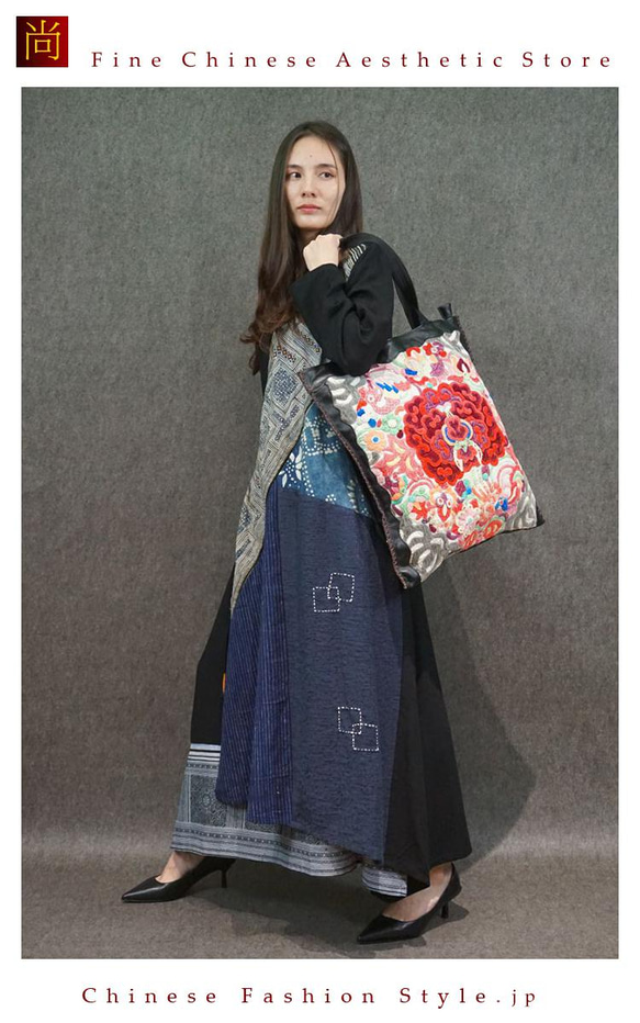 レトロな斜めがけレザーと綿バッグ。アンティーク刺繍が美しいBohoスタイルハンドバッグ #101 1枚目の画像