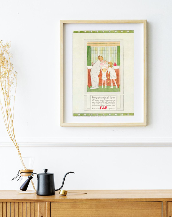 【NO.327】家族と赤ちゃんのファミリーイラストアートポスター☆パステルペールカラー黄緑ヨーロッパアンティークB4B3 6枚目の画像