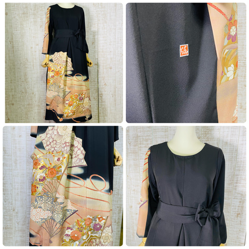 作家物＊扇面に花模様刺繍正絹黒留袖ワンピースM～L＆ギャザー