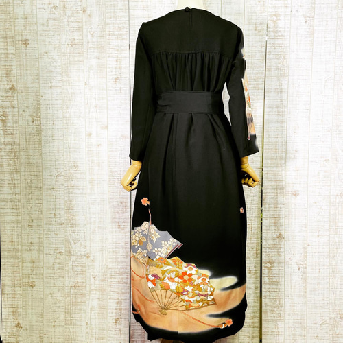 作家物＊扇面に花模様刺繍正絹黒留袖ワンピースM～L＆ギャザー