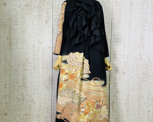 作家物＊扇面に花模様刺繍正絹黒留袖ワンピースM～L＆ギャザー