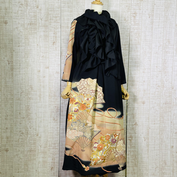 作家物＊扇面に花模様刺繍正絹黒留袖ワンピースM～L＆ギャザー