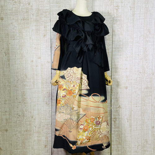 作家物＊扇面に花模様刺繍正絹黒留袖ワンピースM～L＆ギャザー