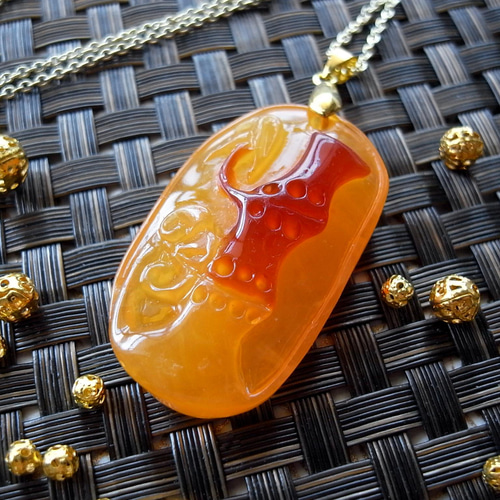 ネックレス カーネリアン風 アジアンな竹レリーフ 和風 チャイナ風