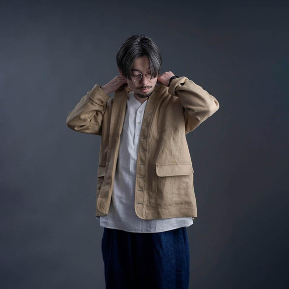 【プレミアム】【受注製作】Linen Jacket フレンチ ヴィンテージ ジャケット/シャンパン h040b-cmp3 3枚目の画像