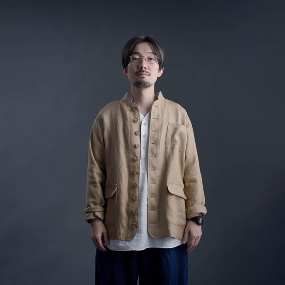 【プレミアム】【受注製作】Linen Jacket フレンチ ヴィンテージ ジャケット/シャンパン h040b-cmp3 1枚目の画像