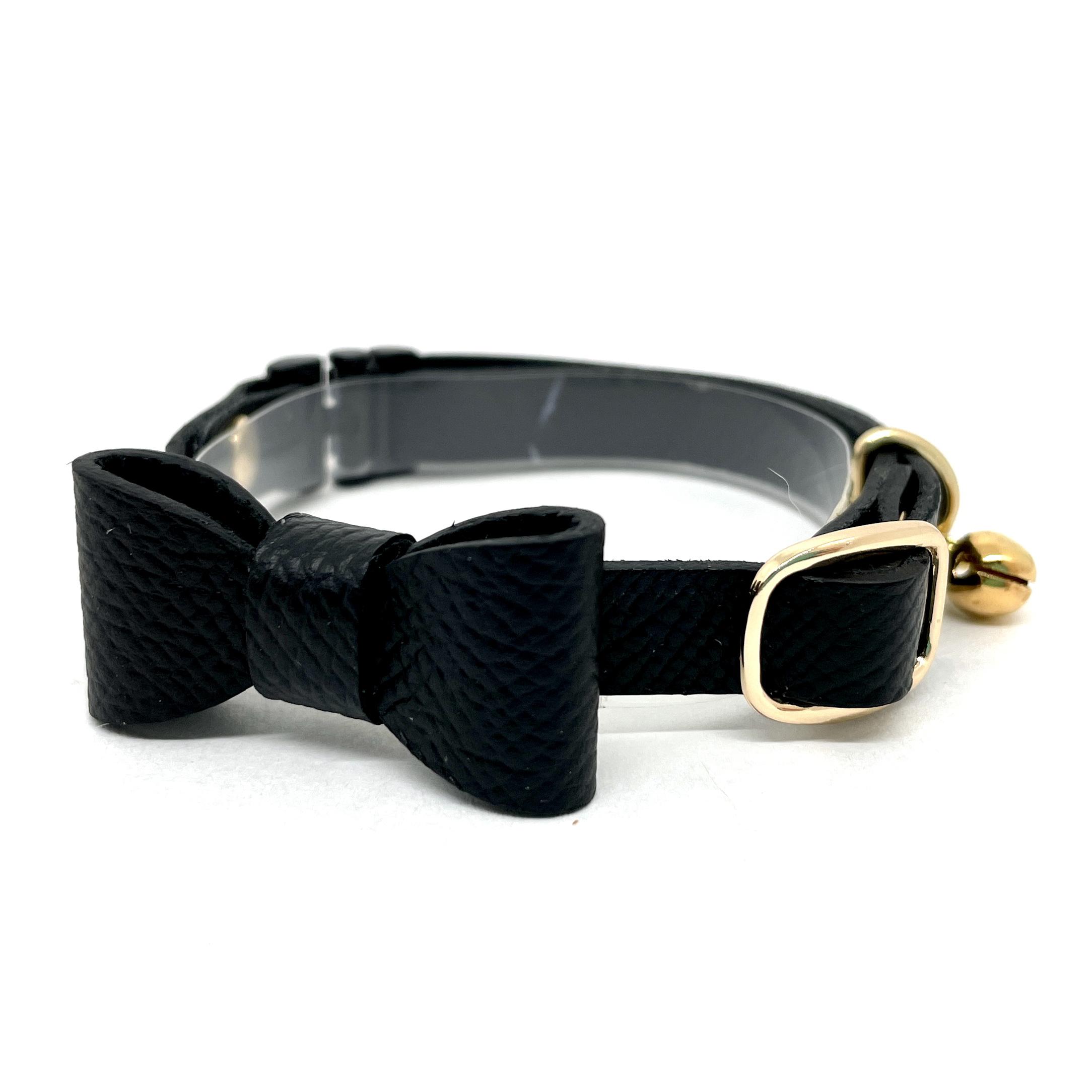 猫首輪　黒　リボン　フランスレザー　本革　ブラック