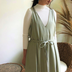 サロペットスカート/ジャンパースカート♪コットンリネン素材（リボン紐付き）淡いグリーンカーキ 7枚目の画像