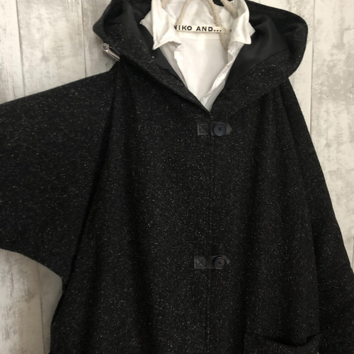 春秋冬やわらか黒ツイードネップ入りウール混フード付ロング