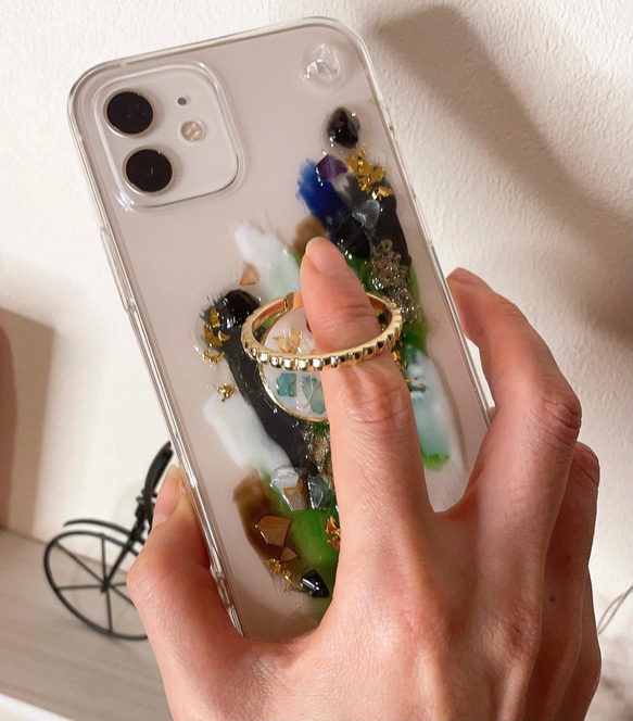 ニュアンスiPhoneケース スマホリング グリーンiPhone13 iPhone全対応 幸運を呼ぶオルゴナイト 9枚目の画像