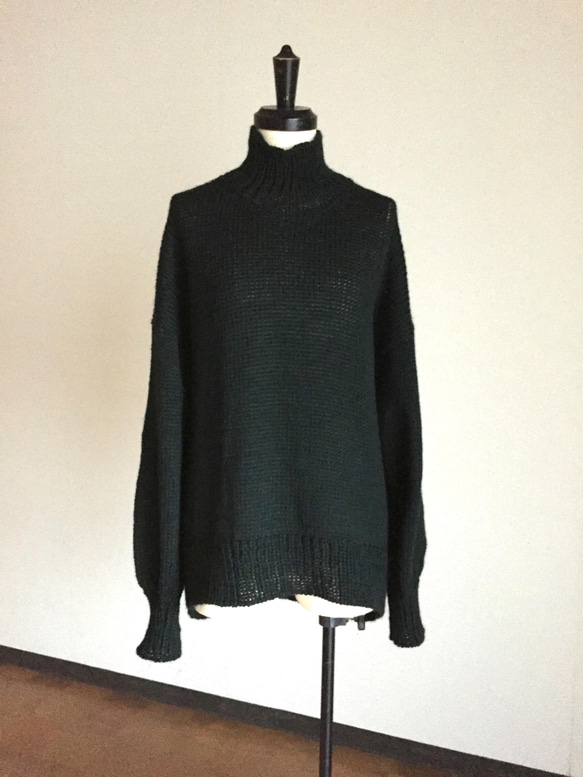 深〜い緑のコクーン型　ハイネックセーター　ウール100％ 5枚目の画像