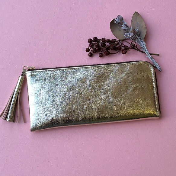 ピッグスキンのスリムな長財布　ライトゴールド 1枚目の画像