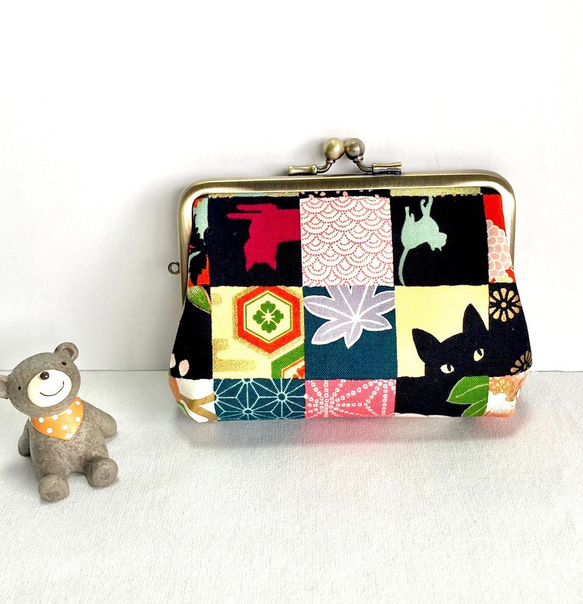 受注製作】和柄ねこちゃん柄（朱色系）の親子がま口財布 その他ミニ