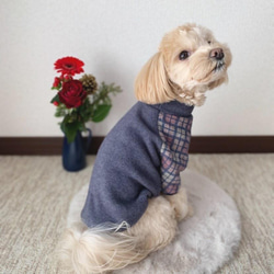 犬服‼︎暖かフリース×チェック柄ジャズネップタートル　ネイビー×グレープ⭐️XS.S.M.DXS.DS.DM 1枚目の画像