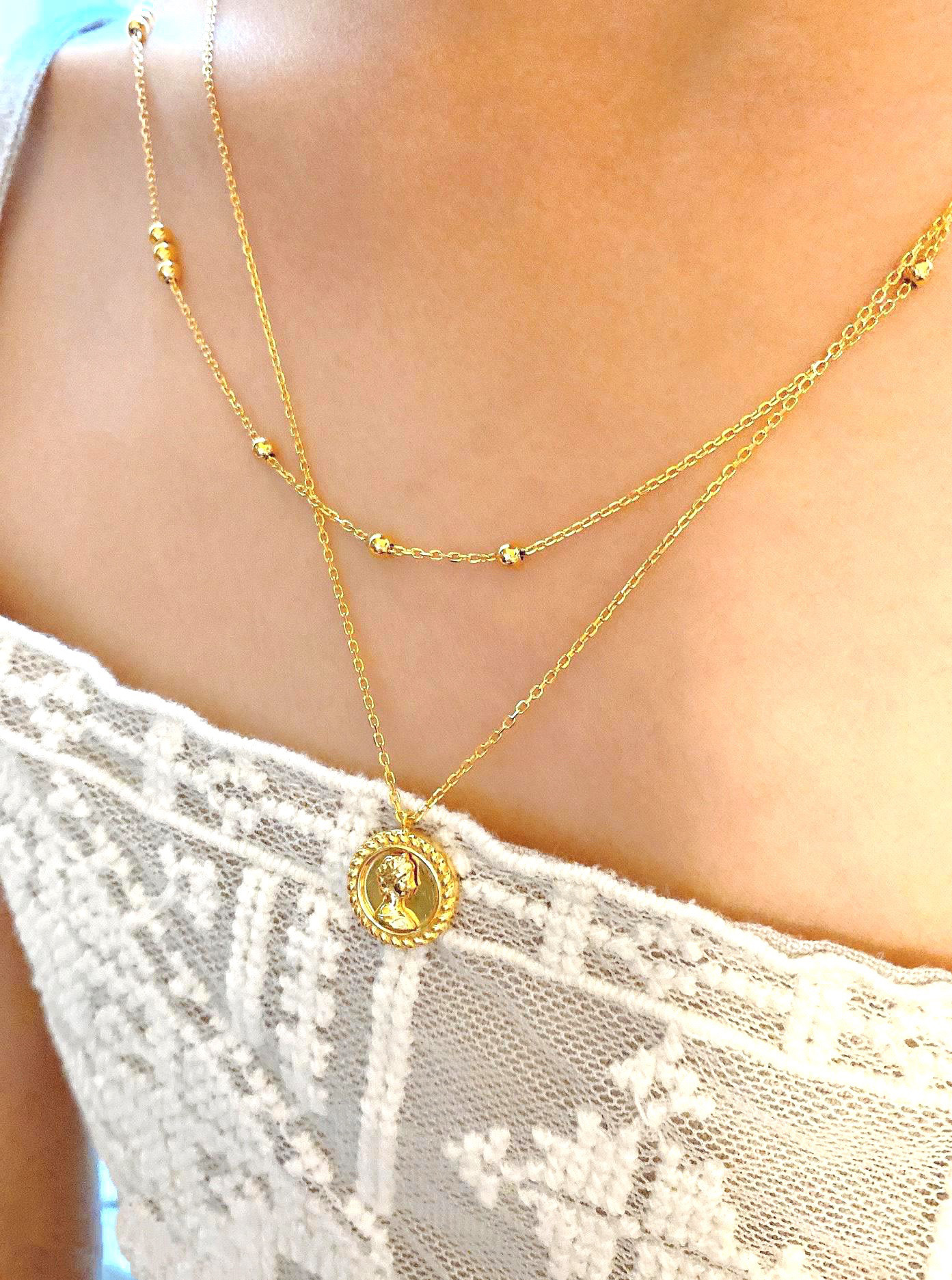 レイヤードコインとミラーボールネックレスN2710