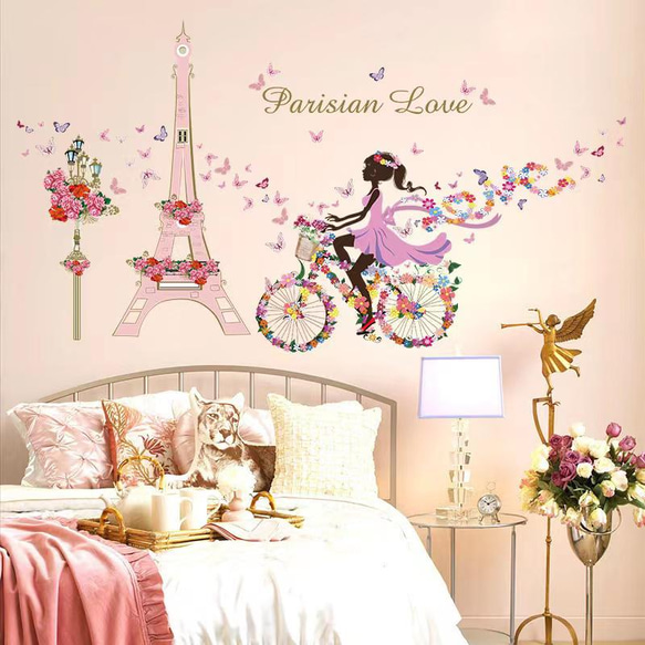 ウォールステッカー S602 パリの蝶の少女　エッフェル塔　花の自転車　DIY 壁シール　インテリアシート　 7枚目の画像