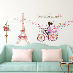 ウォールステッカー S602 パリの蝶の少女　エッフェル塔　花の自転車　DIY 壁シール　インテリアシート　 1枚目の画像