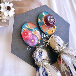 glass oval retro flower blue tassel Earrings 5枚目の画像