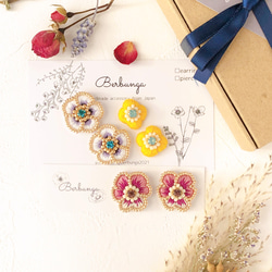 【新春おめかしセット】刺繍イヤリング/ピアス3点セット［アネモネ/ビオラ/小さなお花］［ホワイト/ピンク/イエロー］ 8枚目の画像