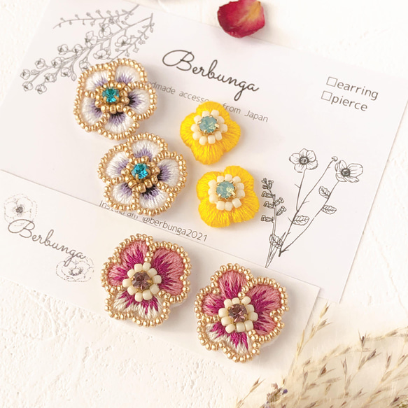 【新春おめかしセット】刺繍イヤリング/ピアス3点セット［アネモネ/ビオラ/小さなお花］［ホワイト/ピンク/イエロー］ 3枚目の画像