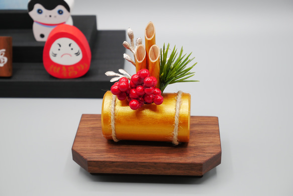 正月飾り】金の俵の門松（縁起物） miniサイズ 台ウォールナット