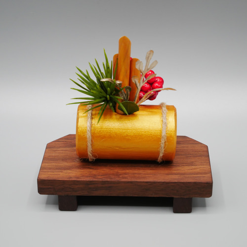 正月飾り】金の俵の門松（縁起物） miniサイズ 台ウォールナット