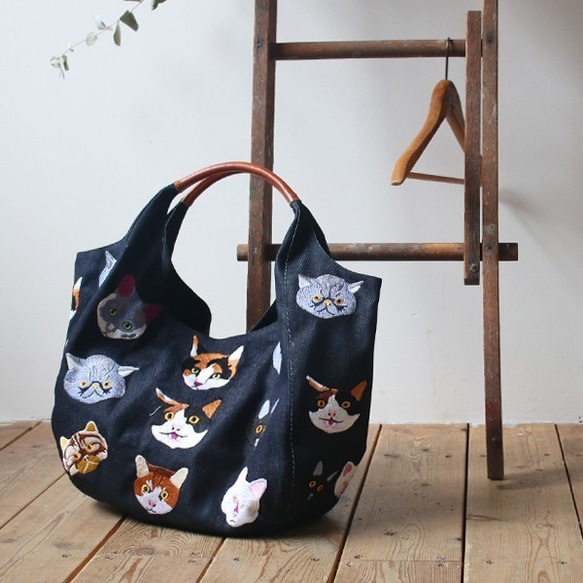 ag_121刺繍 anvai オリジナル 刺繍 色どり猫 トートバッグ インディゴ  