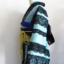 好評　再販　"粋iki"和モダン　レース調のフロッキー加工が美しいアクアブルーのシャンタン生地単衣の着物　 5枚目の画像