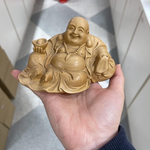 布袋様 置物 七福神 木彫仏像 天然の木 仏教工芸品 精密細工 彫刻 大波