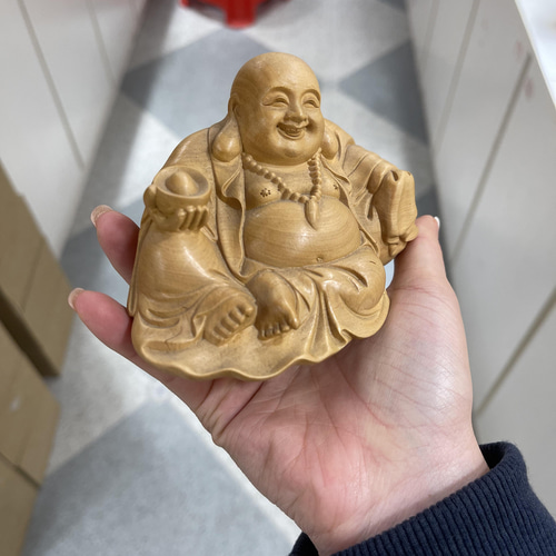 布袋様 置物 七福神 木彫仏像 天然の木 仏教工芸品 精密細工 彫刻 大波