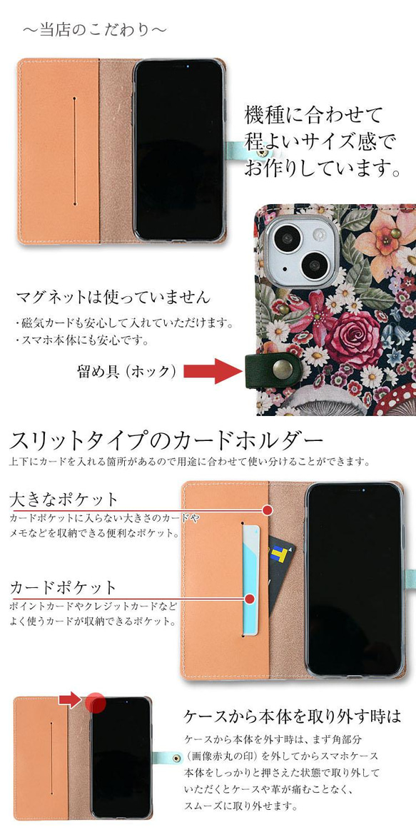 スマホケース 全機種対応 本革 手帳型 リバティ 栃木レザー 「キュリアスランド」 花柄  本革 iPhone15 5枚目の画像