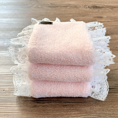 ふわふわフリルハンドタオル*+ ピンク3枚セット ハンカチ・手ぬぐい
