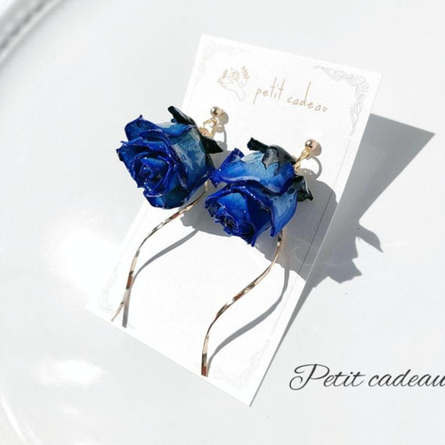 ベージュ♡薔薇 ×バイカラー ブルー系 ドロップ ハンドメイド