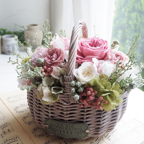 HANDMADE プリザーブドフラワー アレンジメント 花籠 薔薇 薔薇いっぱいの花籠＊お花畑の花摘みバスケットアレンジメント