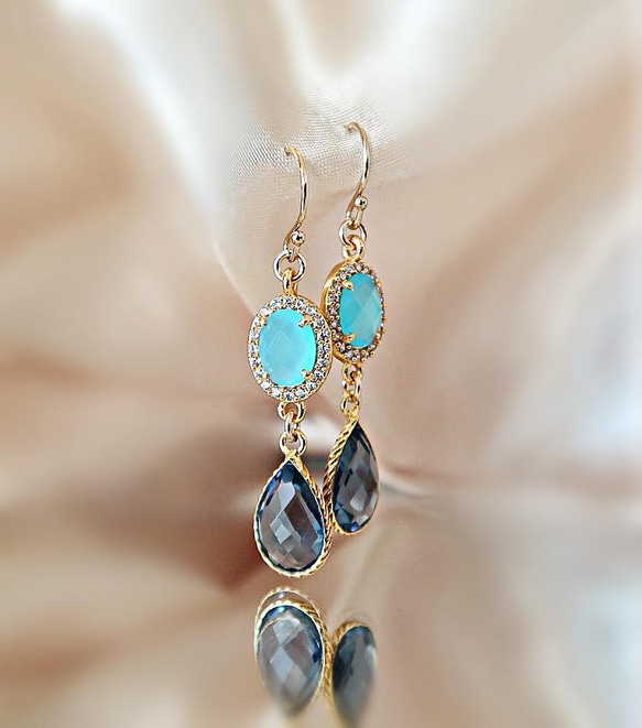 14KGF/ SKYBLUE CHALCEDONY CZ PAVE TANZANITE EARRINGS 1枚目の画像