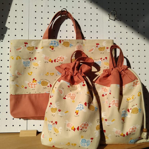レッスンバッグ】にわとりとひよこ クリーム×テラコッタ レッスン 