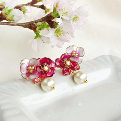 pierce < 紅 > 寄り添うお花と コットンパール ピアス( サージカルステンレス )  山茶花 桜  アネモネ 3枚目の画像