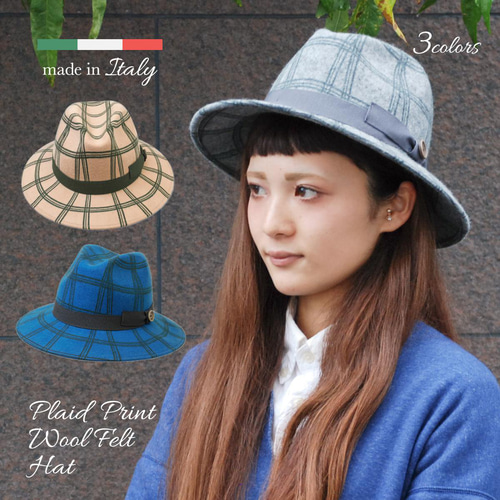 チェック柄ウール中折れフェルトハット ハット 帽子屋kstyle