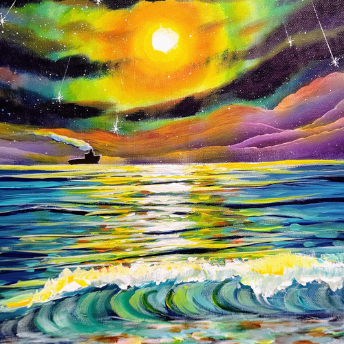 星降る海】絵画。キャンバスF10号。海。星。月。アート。 絵画