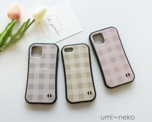 iPhone限定 スマホケース グリップケース 【 ギンガムチェック