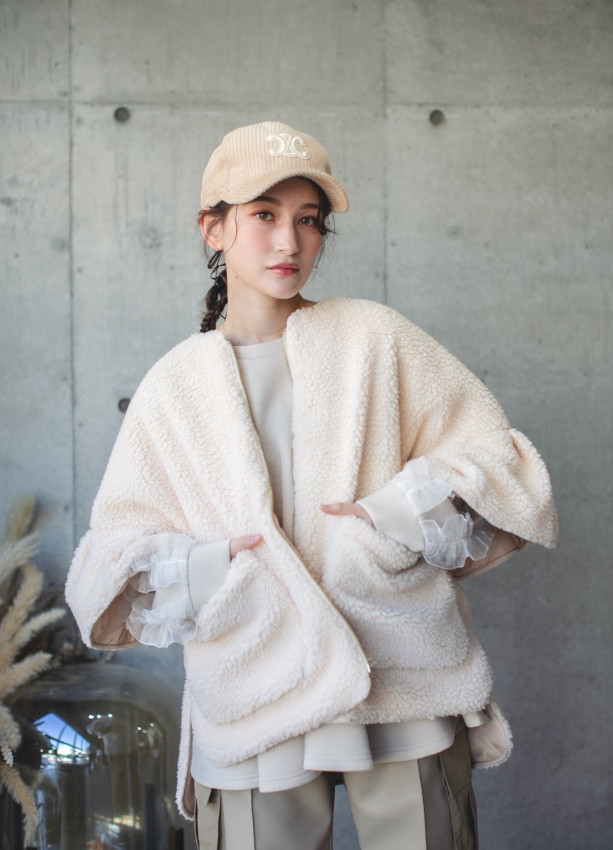 make ai フリルボアポンチョ リバーシブルショール セット ピンク