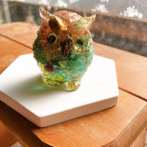最強金運・黄金のフクロウ・オルゴナイトフレーム☆ 福来