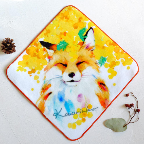 今治タオルハンカチ ＜ミモザまみれのキツネ＞ ハンカチ・手ぬぐい